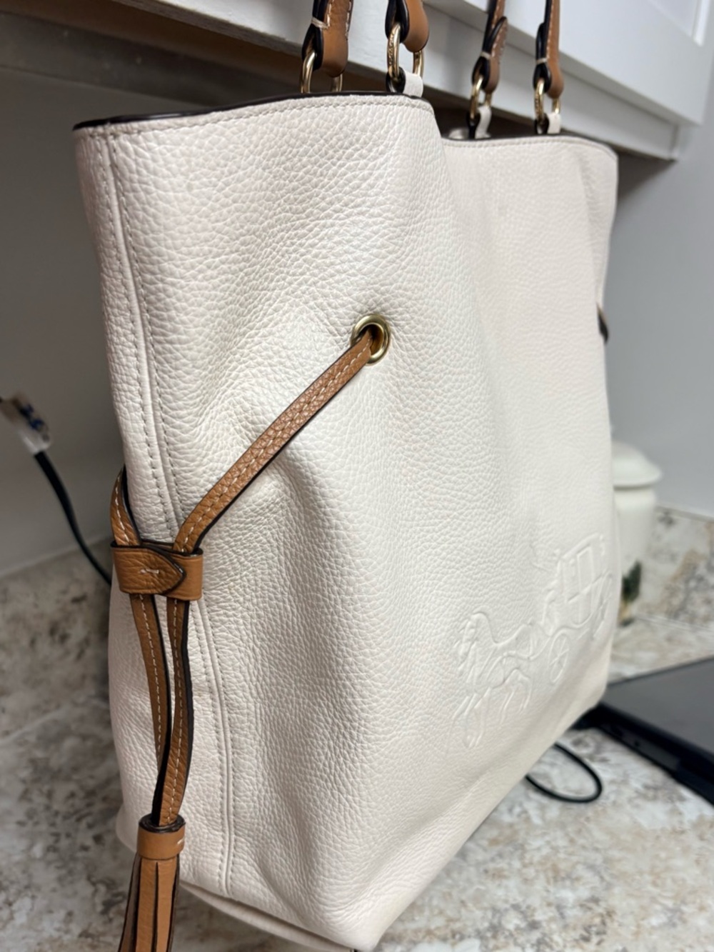 Coach Cream Leather Tote with Brown Shoulder Straps - Picture 3 of 5